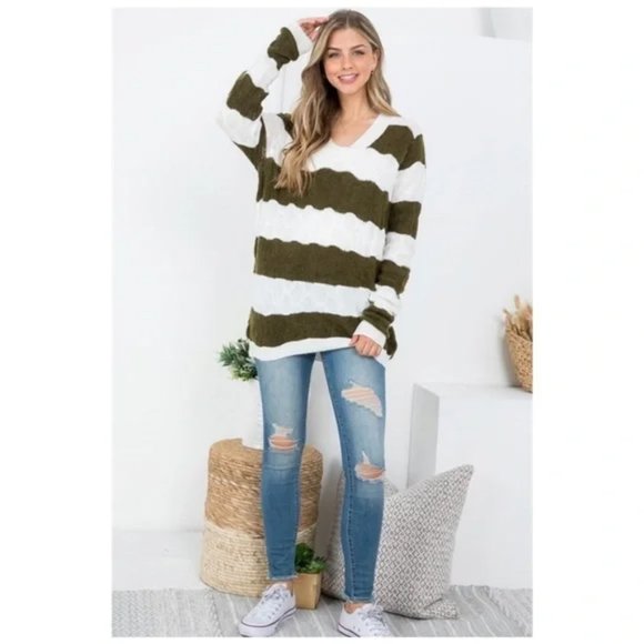 NWT Boutique Olive green and white striped fuzzy v-neck sweater - Picture 5 of 6